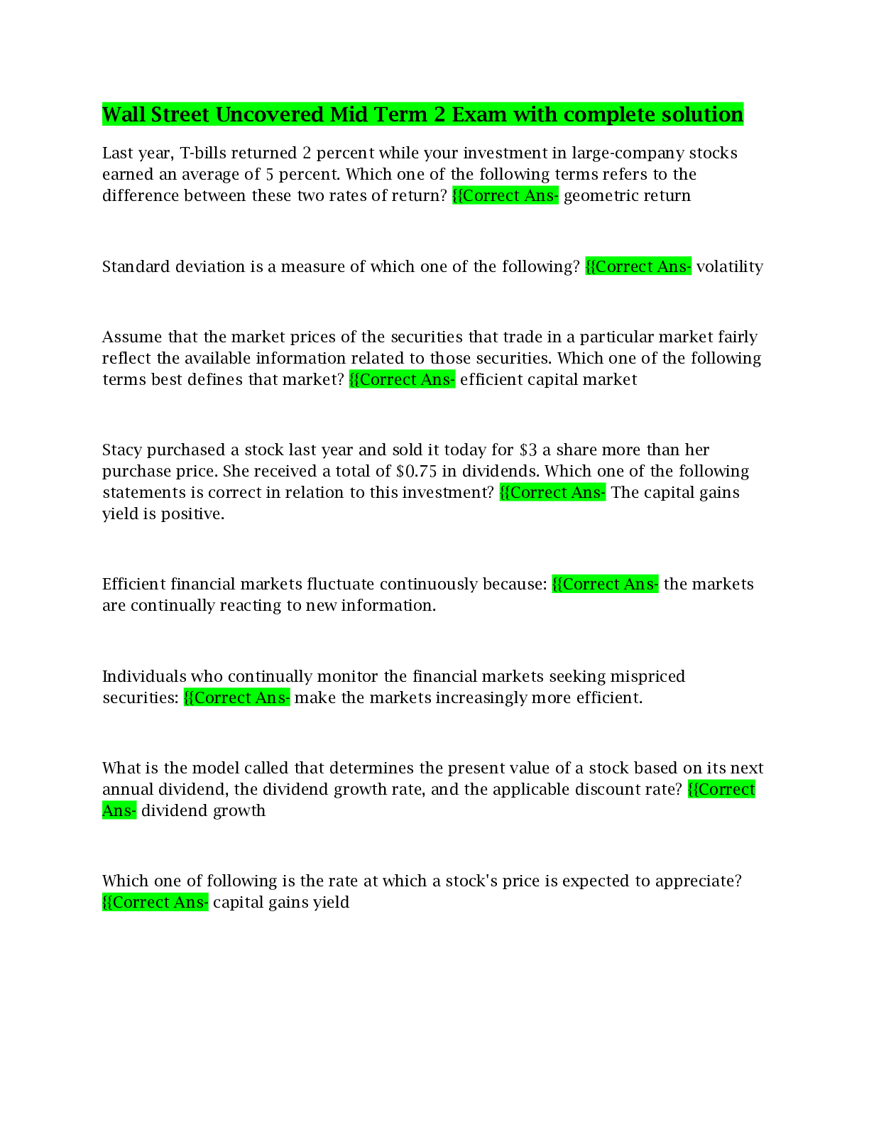 Preview image for Wall Street Uncovered Mid Term 2 Exam with complete solution